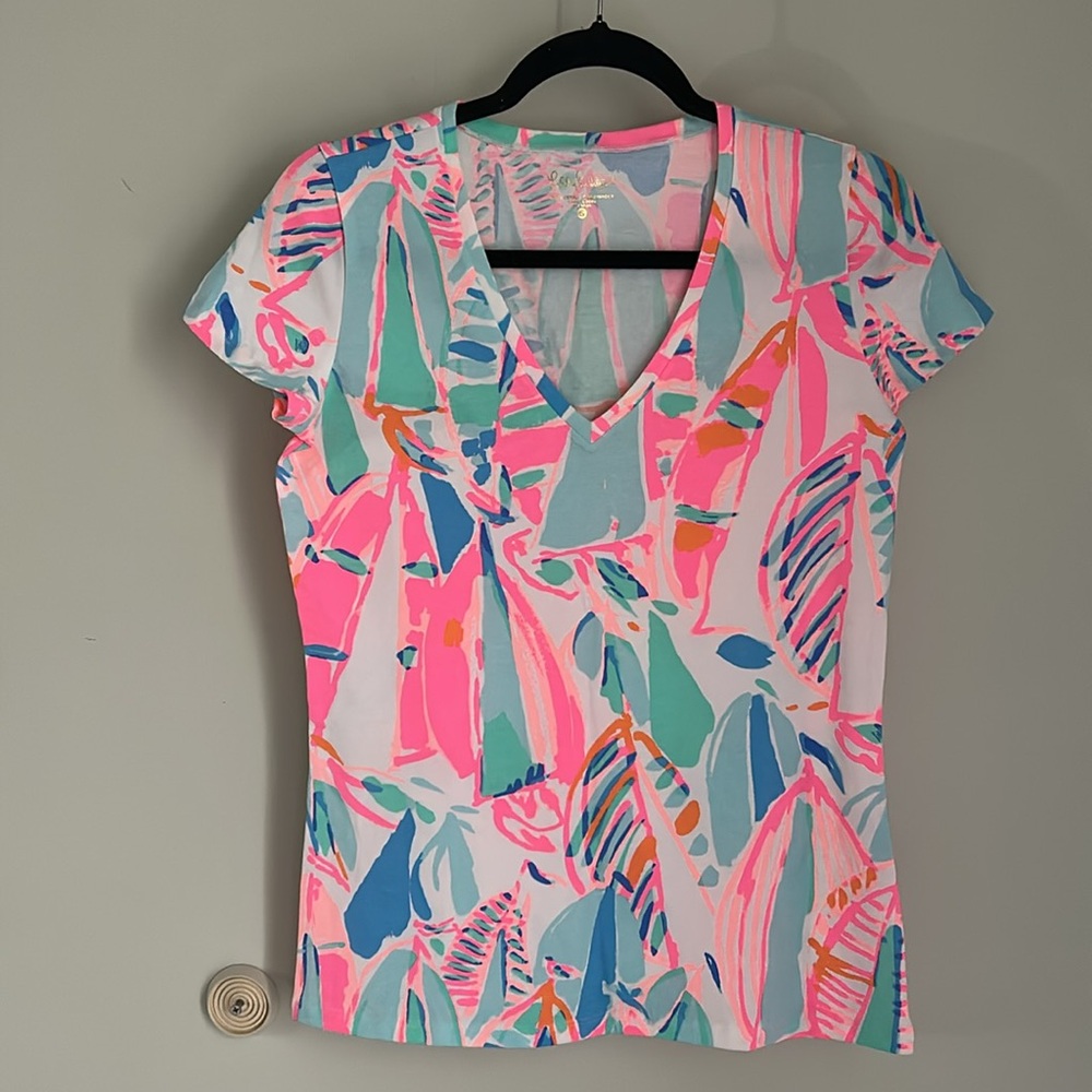 Lilly Pulitzer Pink, Aqua & Blue Tropical Print V-Neck Top